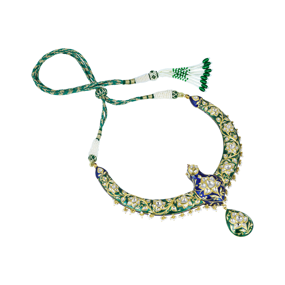 Peacock Motif Hasli Necklace with Polki and Enamel Detailing